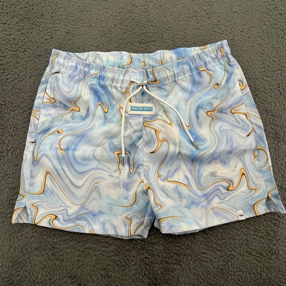 Walter Mitty‎ Men's Swim Trunks Shorts Blue Marble Waist Drawstring Size 34